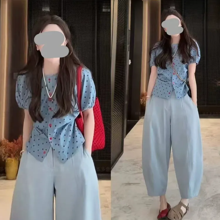 2025夏季轻奢减龄波点短袖衬衫通勤上衣显瘦百搭宽松休闲裤套装女