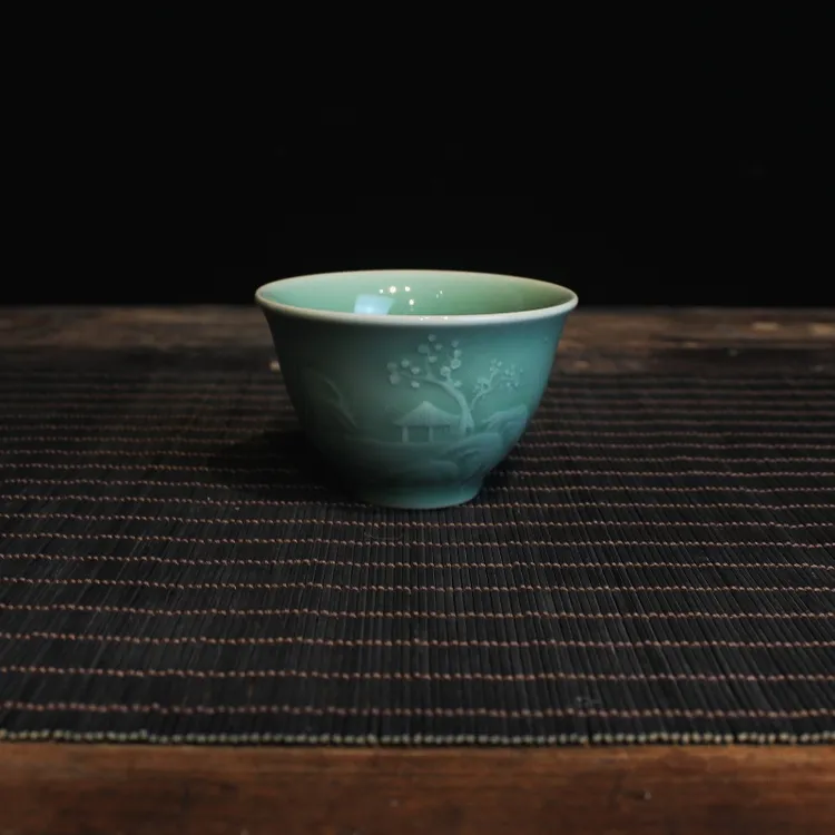 龙泉窑老青釉山水刻花功夫茶具主人品茗杯子陶瓷单杯茶碗带盖