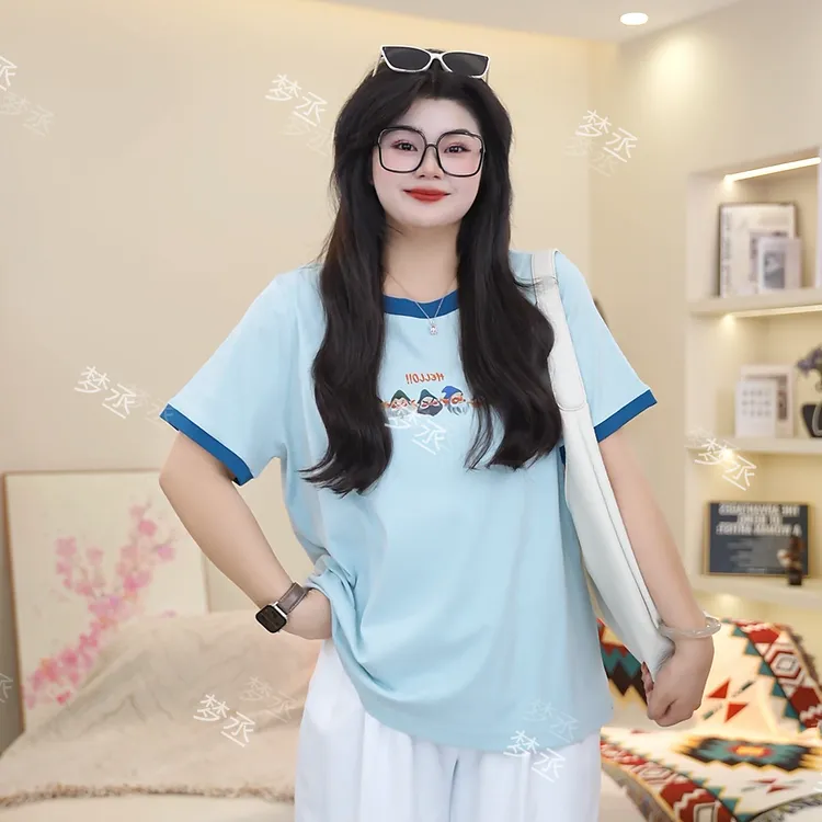 梦丞-胖妹妹大码女装啊圆领撞色印花百搭显瘦休闲短袖T恤上衣女