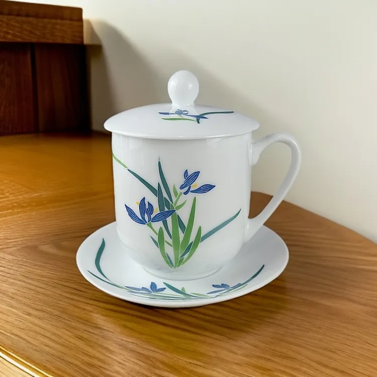 手绘办公会议茶杯陶瓷水杯带盖会议杯碟套装醴陵高温杯子定制礼品