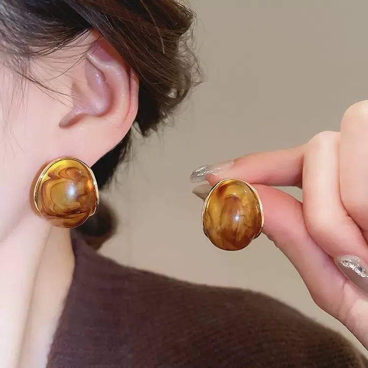 合金树脂耳饰 复古咖色椭圆耳钉时尚气质耳环女小众设计高级感