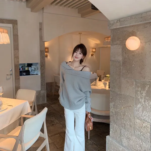 露肩连帽设计感薄款纯色慵懒风针织女毛针织衫显瘦时尚气质休闲