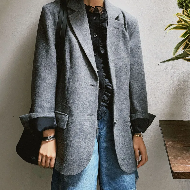 DE Mincollection灰西装/秋季正肩显瘦杂灰通勤休闲风西装外套