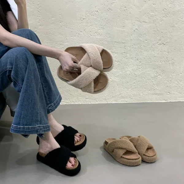 QR-1-1003拖鞋女女鞋新款配裙子鞋子外穿一字拖鞋舒适厚底毛毛鞋