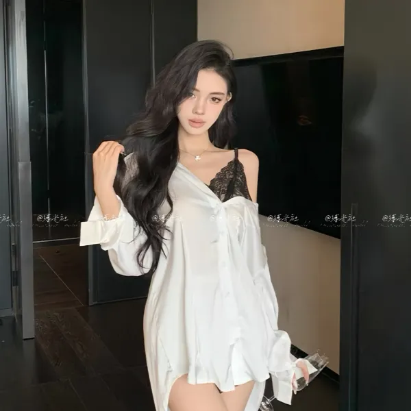 缚光社男友风•蕾丝衬衫秋季氛围感满分纯欲性感法式蕾丝睡衣裙女