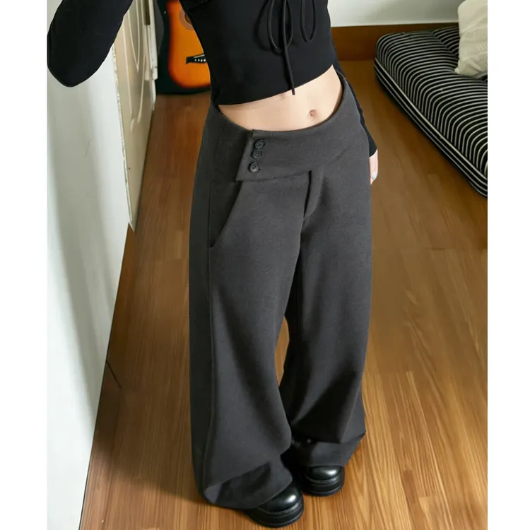 深灰色毛呢阔腿西装裤女2025冬季新款宽松显瘦设计感直筒休闲裤子