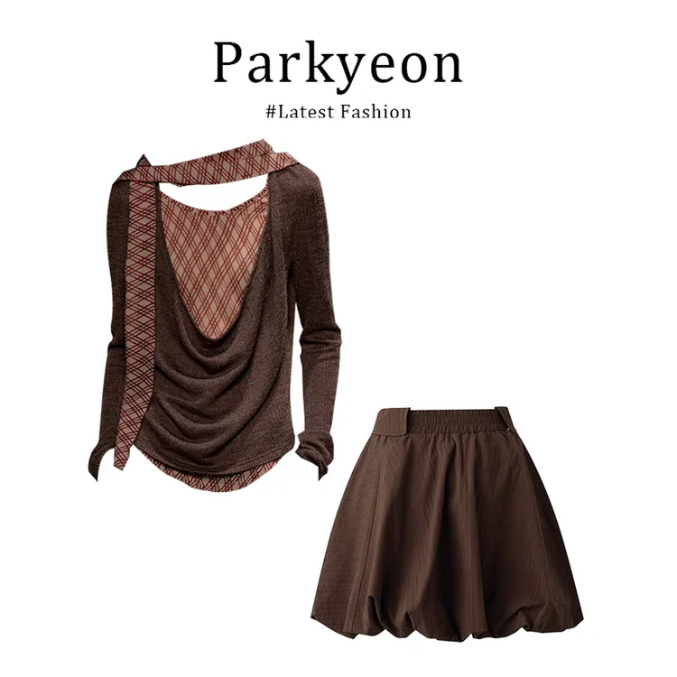 parkyeon蝴蝶结系带咖色拼接假两件格纹荡领长袖上衣搭花苞裙套装