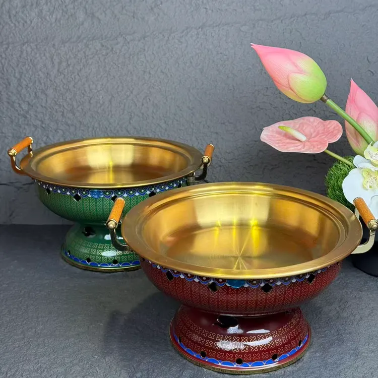 景泰蓝火锅炉酒精加热汤盆不锈钢火锅炉烧烤盘搪瓷干锅烤肉商用