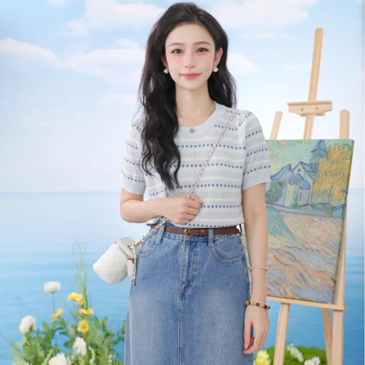 【流光风穿搭】茵曼夏季时尚休闲百搭条纹圆领短袖针织衫