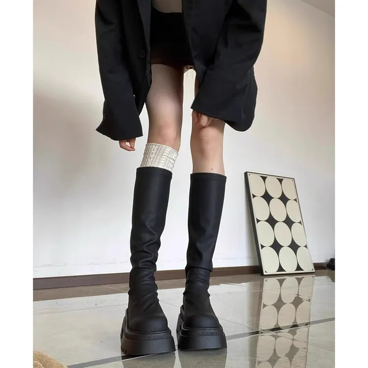 厚底高筒靴25新款韩版秋冬瘦瘦长筒靴小个子粗跟不过膝堆堆长靴女