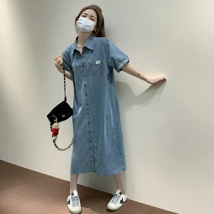 法式复古牛仔衬衫连衣裙女夏季2025新款小个子减龄显瘦休闲长裙子