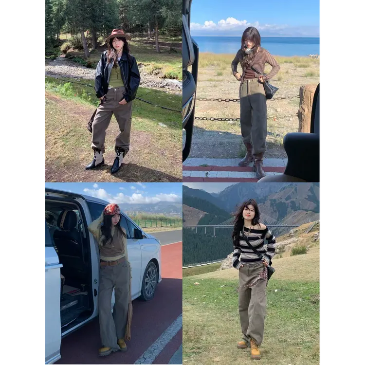 米米子 定制休闲棕绿牛仔长裤宽松显瘦时尚嘻哈风直筒裤-0067