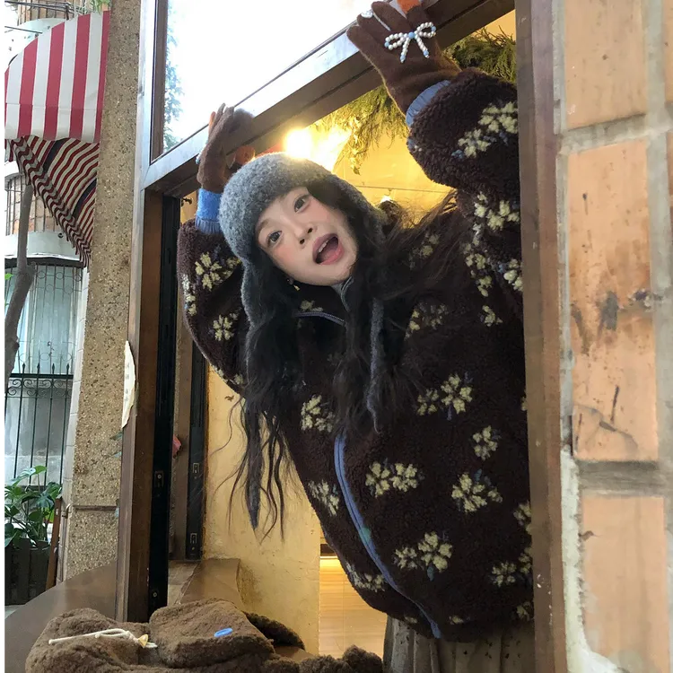 复古花朵毛羔毛上衣加厚秋冬新款小个子宽松休闲韩版毛毛绒外套女