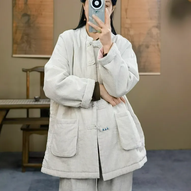新中式冬装新款棉服纯色外套女文艺复古盘扣亚麻立领宽松加厚棉衣