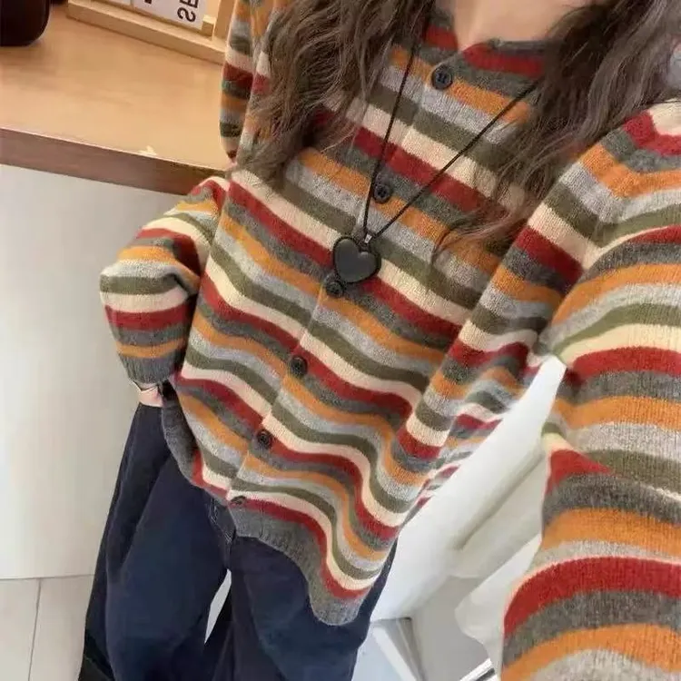 韩系圆领长袖彩色条纹针织开衫女秋冬新款时尚洋气百搭上衣潮1018