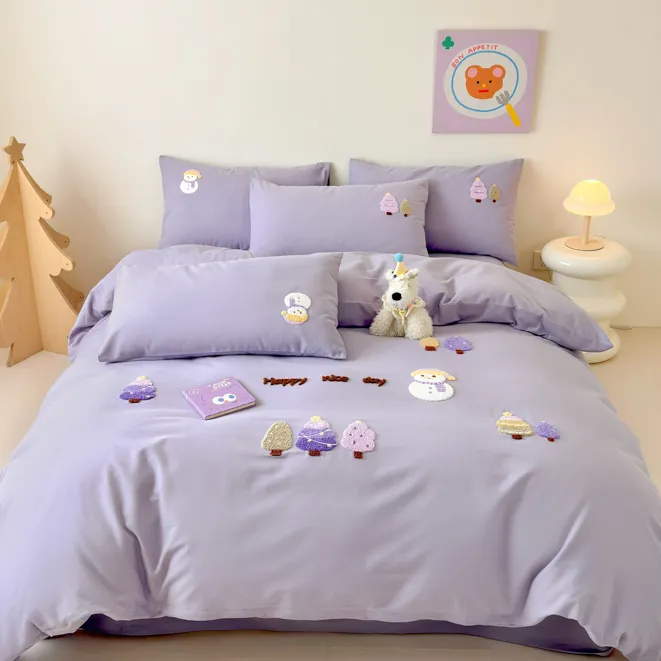 喜番｜森系 加厚100%全棉磨毛三件套四件套A类 绣花学生宿舍小清新