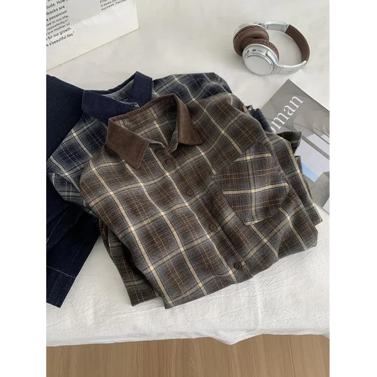 复古韩版翻领格子衬衫女松弛感韩系秋冬衬衣外套宽松百搭格纹秋季