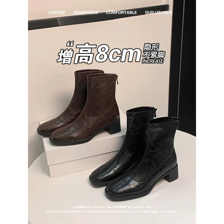 牛皮版~真皮棕色瘦瘦靴女2025秋新款小个子内增高马丁靴复古短靴