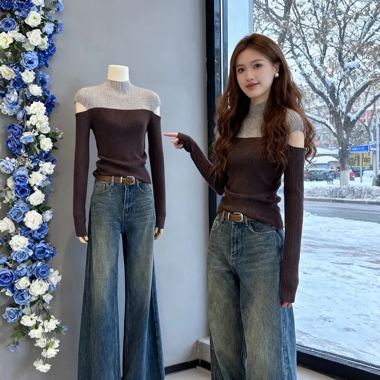 秋冬季2025新款设计感小众毛衣打底衫内搭拼色半高领露肩针织衫女