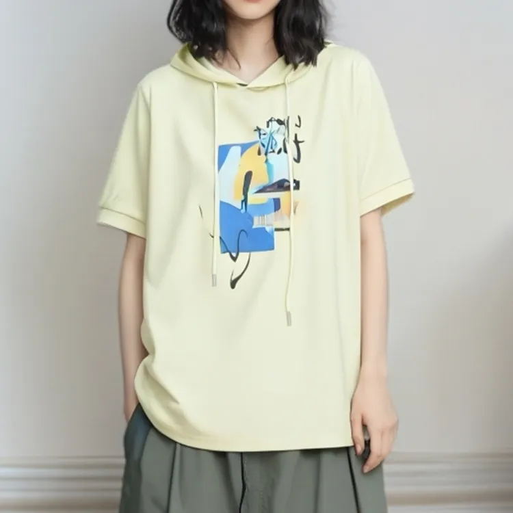 【自在】2025夏季新款时尚潮流百搭休闲轻奢连帽T恤设计感LK2504608