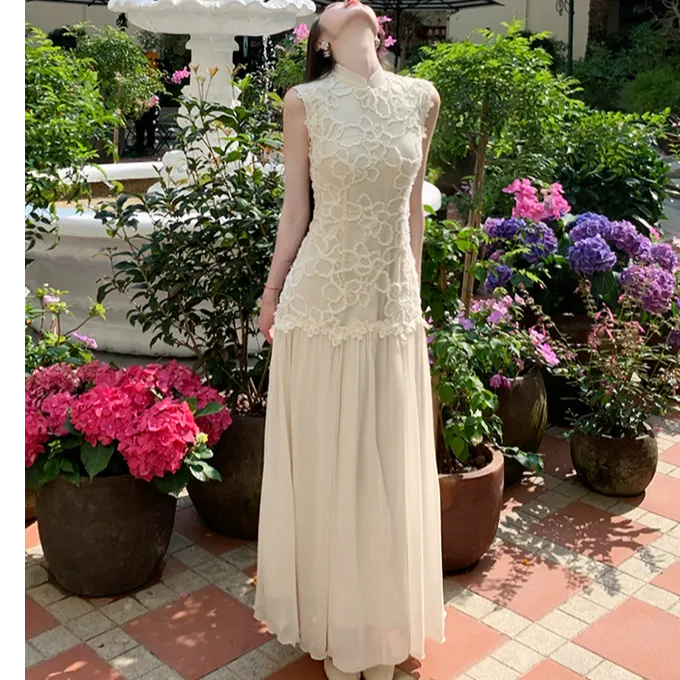 法式蕾丝拼接连衣裙度假风仙女裙法式长裙无袖背心裙修身连衣裙夏