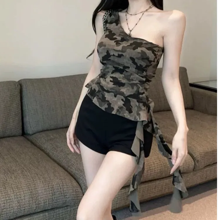 不规则斜肩迷彩吊带背心女夏季泰式辣妹一字肩抹胸小上衣独特绝美