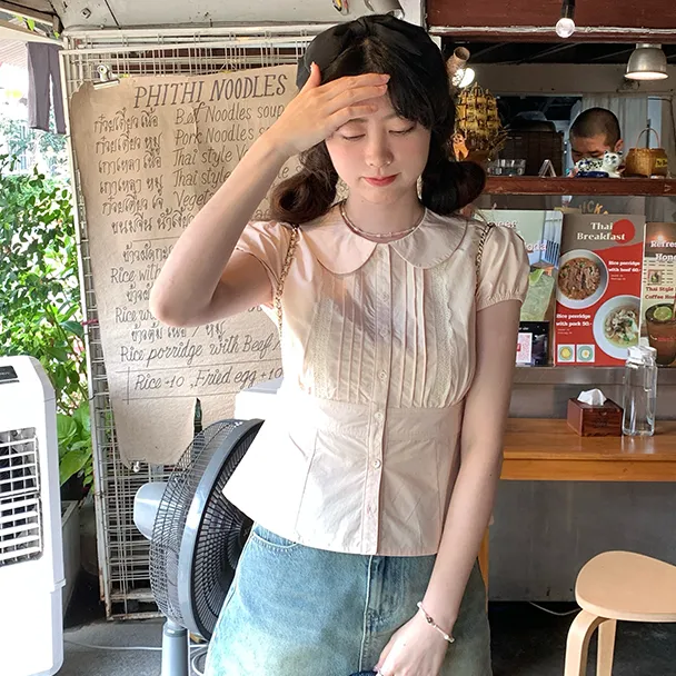 法式甜美风粉色娃娃领收腰短袖衬衫女夏季设计感显瘦泡泡袖衬衣女