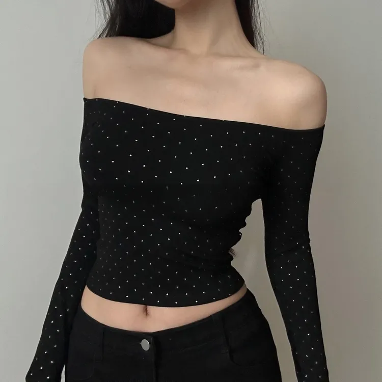 【诗雅】一字领灰色烫钻长袖T恤女装秋季修身显瘦设计感辣妹百搭露