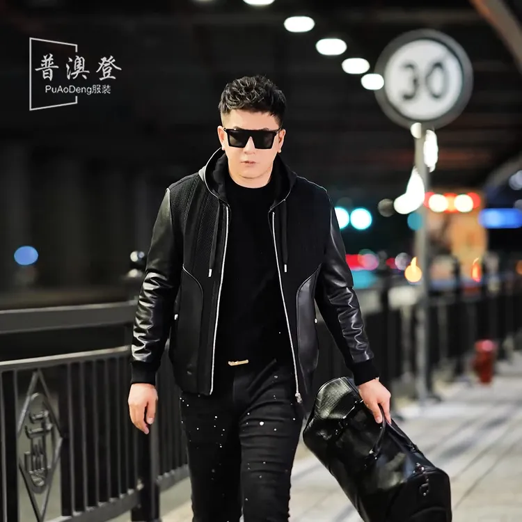 2025男士皮衣秋冬新款时尚潮流百搭修身休闲拼真皮可拆卸帽外套