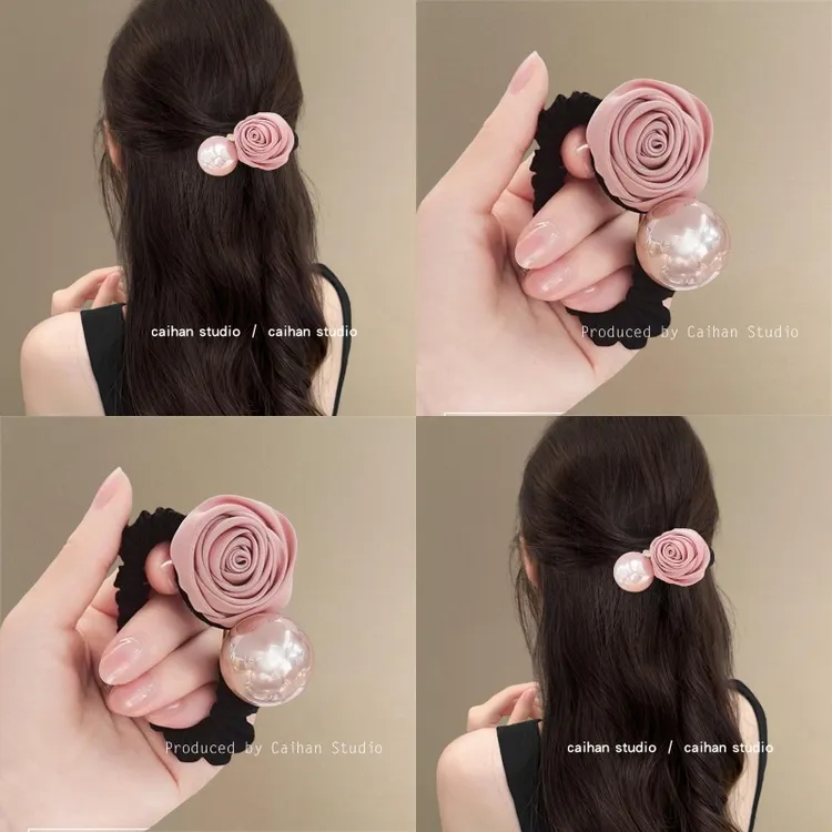 温柔玫瑰~甜美珍珠花朵发圈女气质头绳2025新款可爱盘发发绳扎头