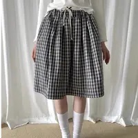 高端货~米色拼蓝色格纹抽绳半身裙女春秋夏三季可搭宽松复古裙子