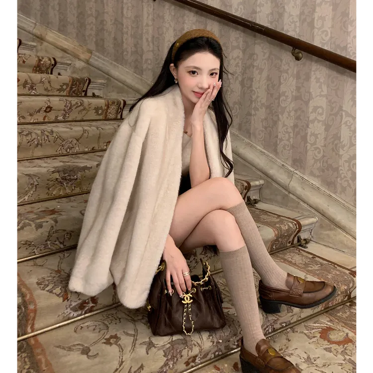 人造皮草 冬新款加厚貂绒环保仿皮草外套女V领宽松毛毛大衣韩版