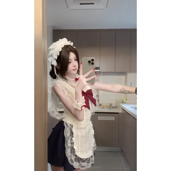 【性感睡衣】甜心糖果-法式围裙纯欲风睡裙蝴蝶结甜美蕾丝吊带睡衣