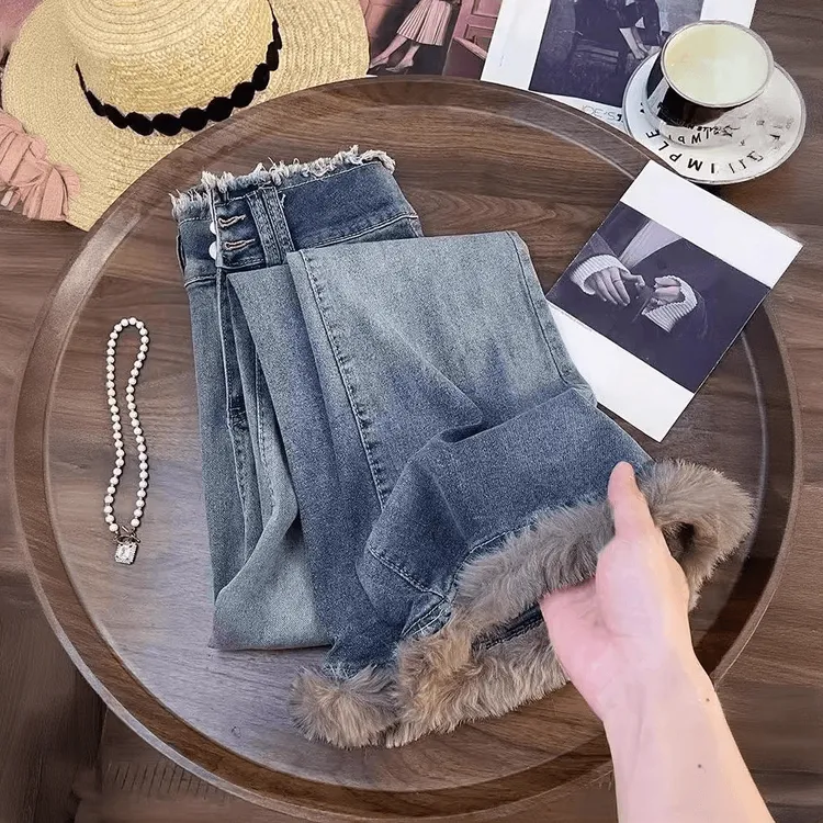 大码女装复古冬季新款毛边设计加绒牛仔裤女胖mm显瘦阔腿裤微喇裤