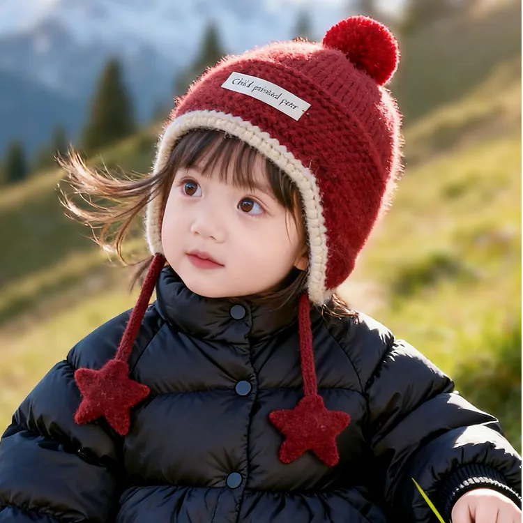 宝宝帽子冬天红色新年帽加厚保暖儿童针织护耳帽婴幼儿套头毛线帽