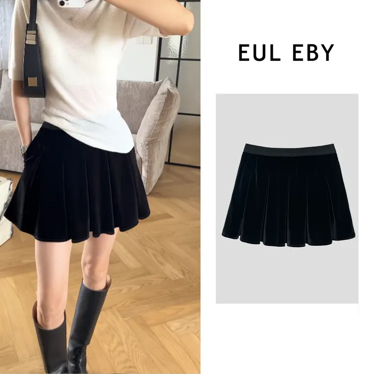 EUL EBY细闪丝绒裙高腰气质半身裙秋冬老钱定制韩国绒短裙251386#