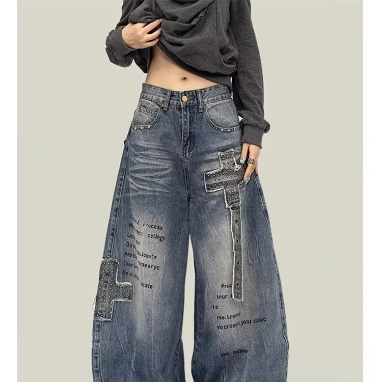 美式高街重工铆钉贴布小众弯刀牛仔裤男女春秋设计感宽松阔腿裤