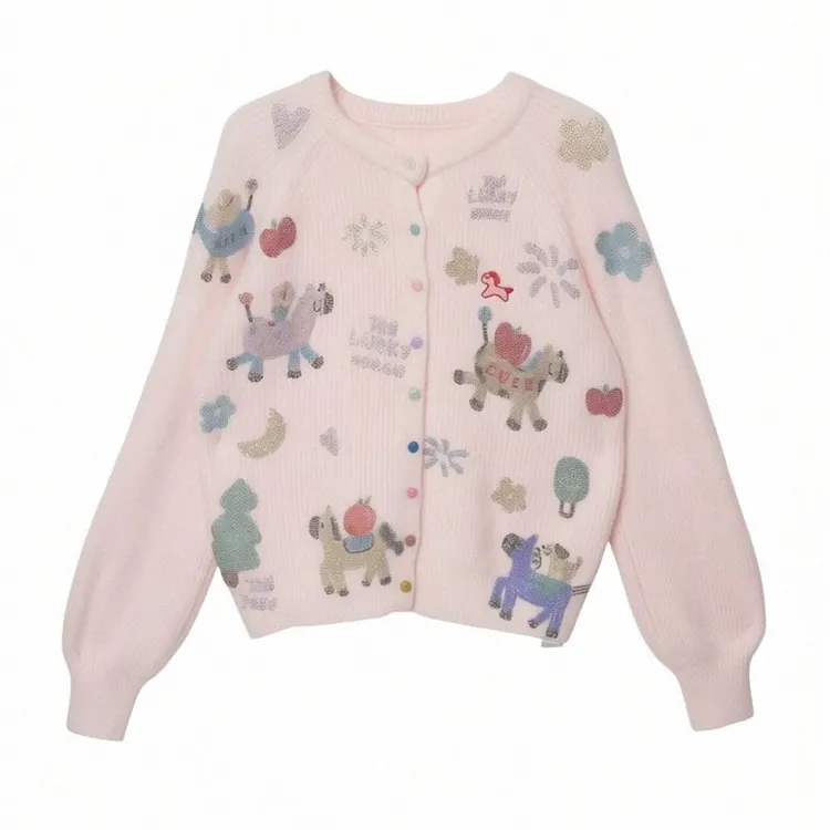 TCH【时尚百搭】冬款时尚烫钻粉色休闲风女装针织开衫T75D43E1141