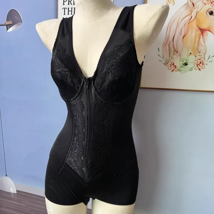 韩单强压收腹前拉链有钢圈托胸提臀塑形美体连体衣薄款舒适透气