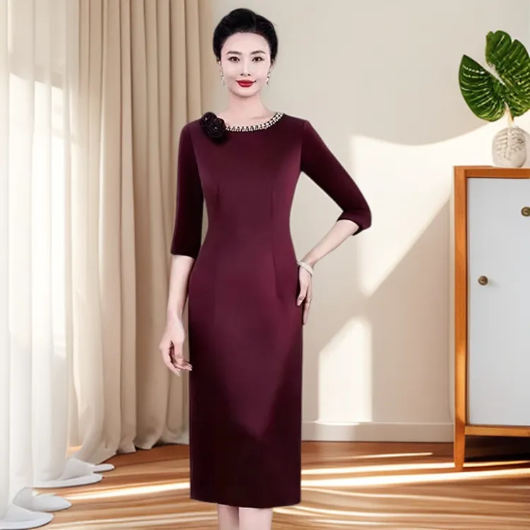 【贵夫人专属】喜妈妈喜婆婆拉菲红礼服裙高端醋酸缎婚礼修身显瘦L