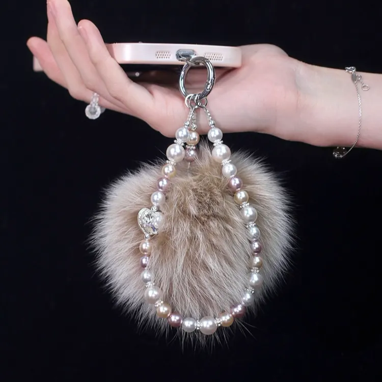 XX321【舒芙蕾】手机链便携狐狸毛串珠链条水晶手工编绳挂件防丢