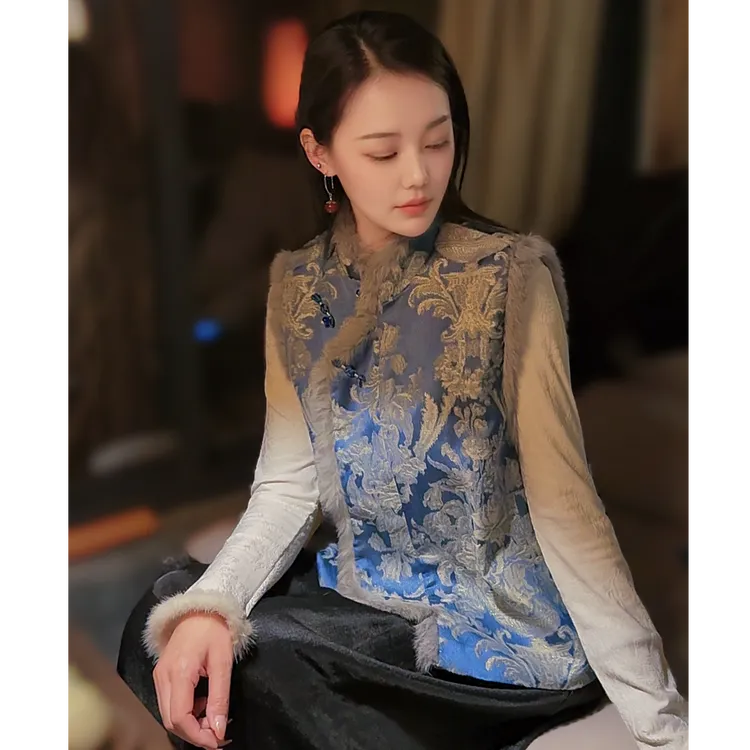 新中式国风兔毛拼接织锦非遗提花马甲