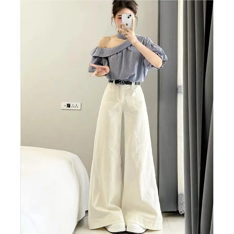 2025夏季新款法式一字肩条纹露肩上衣设计感小众衬衣阔腿裤两件套