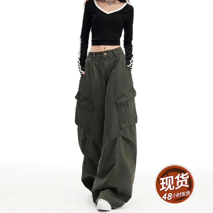 美式军绿色弯刀工装牛仔裤女装秋款爆款2025新款高腰休闲阔腿裤