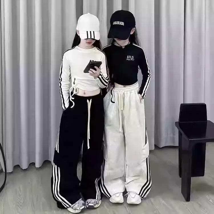 女童休闲裤子套装2025新款洋气运动直筒阔腿裤女孩春秋T恤打底衫