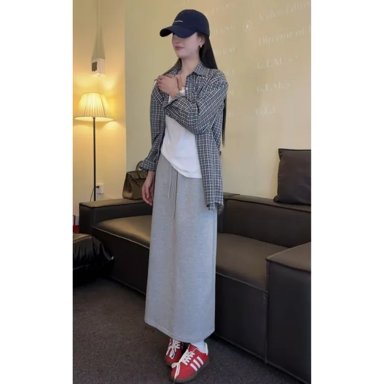 春季新款简约背心运动风后开叉半裙百搭休闲格子衬衫