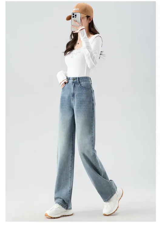 浅蓝色高腰直筒牛仔裤女垂感显瘦宽松窄版阔腿裤2025春秋百搭