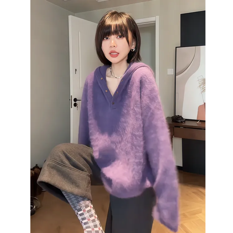 慵懒风软糯毛衣女款2025新款秋季宽松内搭紫色毛衣链接