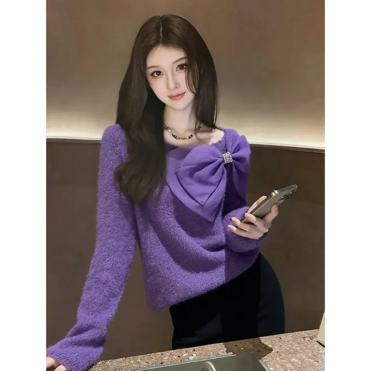 巨好看设计感时尚洋气时髦打底衫高级感紫色蝴蝶结针织毛衣女秋冬