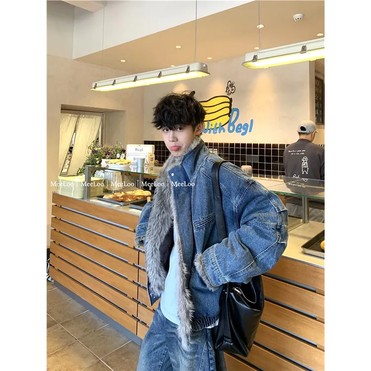 MeeLoo美式水洗牛仔座山雕绒感外套男复古解构可立领加绒夹克棉衣